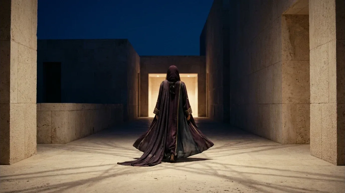 A woman in a flowing abaya walking toward warm light through a dark stone passage at night.