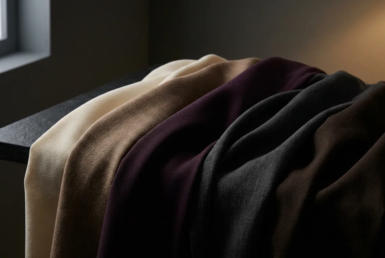 Premium crepe and linen-look fabric in ivory, mocha, plum and charcoal, draped and folded under soft night light.