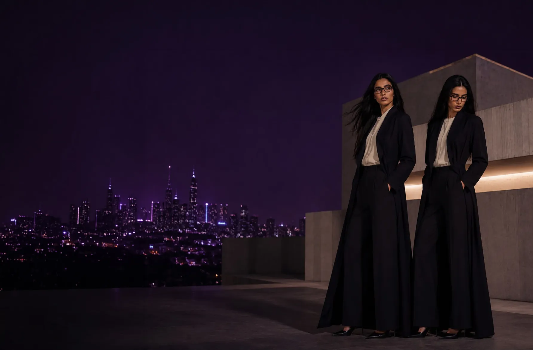 Two models in black LAYL abayas on an architectural rooftop at night, against a violet sky and city skyline.